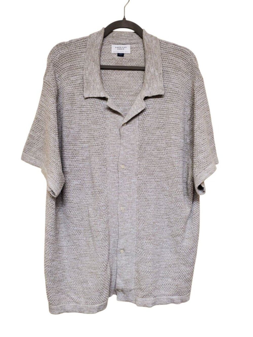 American Eagle Men's Beige Retro 70s Inspired Linen Blend Knit Button Up Shirt L